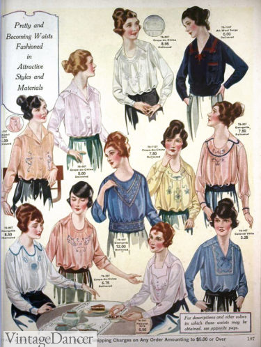 1920 pretty sheer blouses with embroidery. A slip on step in was worn underneath. Read more about 1920s blouses at VintageDancer