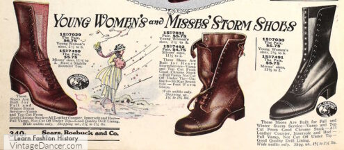 1920 lace up winter boots, storm boots (center) women 1920s winter footwear