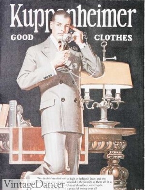 1920s mens summer suit in grey stripe. Double Breasted, wide leg. More at VintageDancer.com