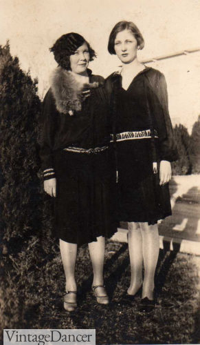 Two 1920s teen girls with velvet party dresses and furs