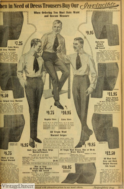 Early 20s mens trousers- wide hip, tapered legs. mid to late 20s had very wide legs.
