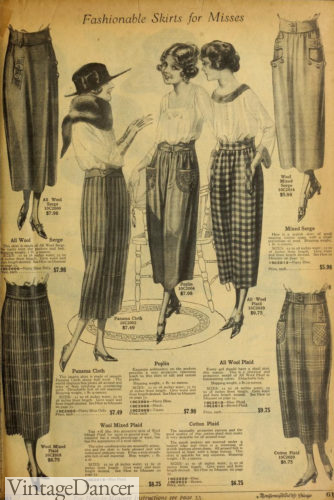 1920 Plaid and check skirts, full ships, tapered hem