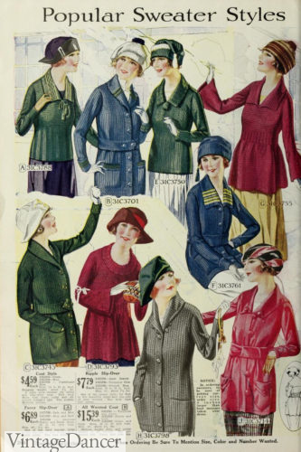1920 winter fashion women long sweaters and cardigans with belts, fold out or shawl collars