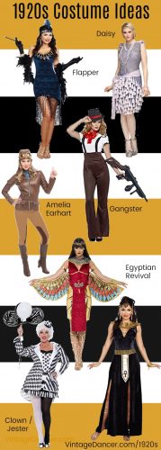 1920s Costume Ideas - Flapper, Daisy (Great Gatsby,) Gangster, Amelia Earhart, Clown or jester, Egyptian revival at VintageDancer