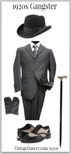1920s Gangster mafia outfit - Black homburg hat, dark grey striped suit, two tone shoes, leather gloves and a walking cane (or is it a weapon?) Get these at VintageDancer.com/1920s