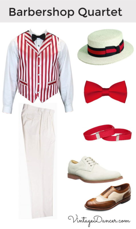 1920s mens barbershop quartet/musician costume with candy stripe vest, straw hat, bow tie, etc at VintageDancer