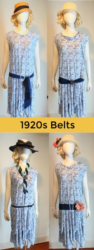1920s belts or sashed placed at the drop waist creates an instant 1920s look on almost any dress. Tie a sash with a bow, embelished with a large pin or flower, or choose a thin buckle belt. All are accurate historical dress details. Click to learn more 1920s costume tips at VintageDancer.com