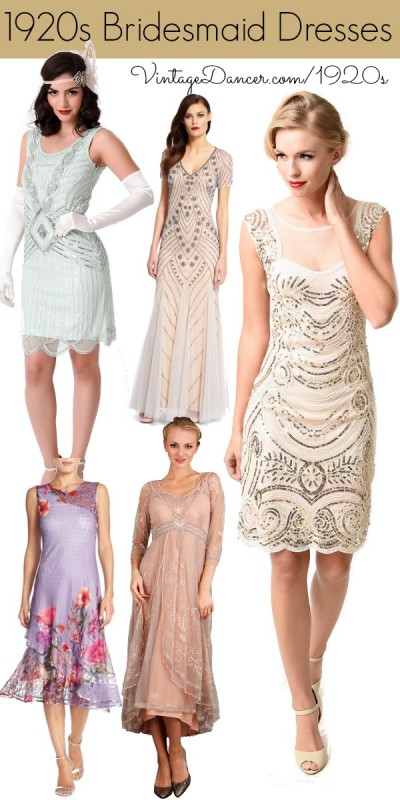 1920s bridesmaid dress ideas- short or long, beaded flapper dresses or silky tea gowns
