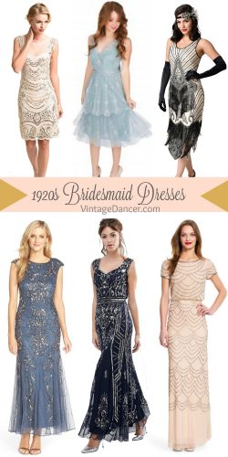 1920s bridesmaid short dresses and long gowns. Great Gatsby , Prohibition, Art Deco, Old Hollywood themes.