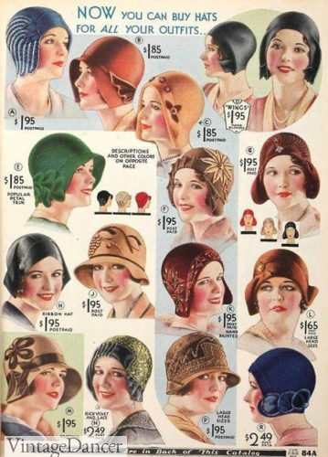 1920s cloche hats for women in color - most are brimless 1928