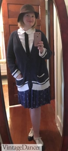 I paired a skirt, varsity cardigan sweater, blouse, cloche hat and oxford shoes for this not-flapper 20s costume