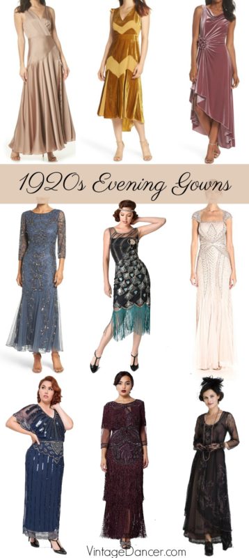 Long, formal, evening gowns inspired by the 1920s