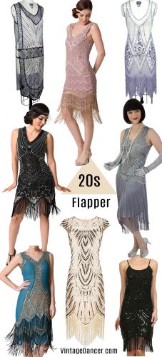 1920s flapper costumes, quality flapper dresses, flapper style dresses, fringe flapper dresses, and beaded flapper dresses at VintageDancer.com/1920s