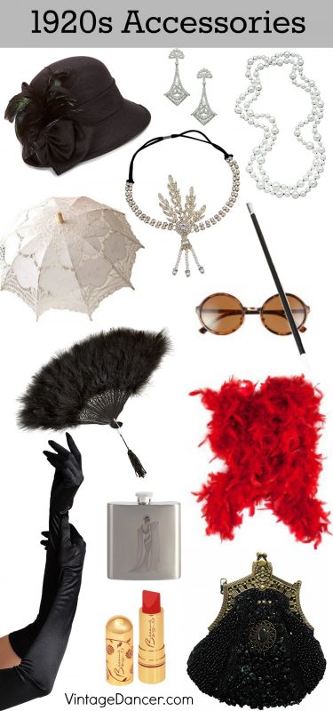 1920s accessories: hat, headband, pearl necklace, drop earrings, sunglasses, cigarette holder, feather fan, parasol, feather boa, flask, purse, gloves, and makeup. Shop and learn at VintageDancer