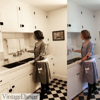 My handmade 1920s house dress in a restored 1920s kitchen