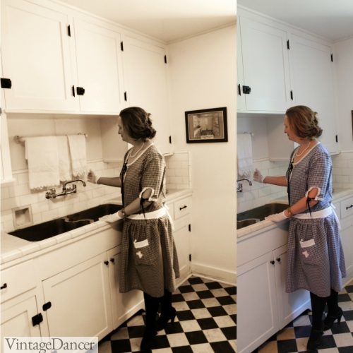 My handmade 1920s house dress in a restored 1920s kitchen