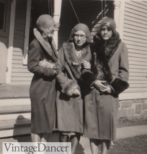 three ladies in 1920s coats with fur at VintageDancer
