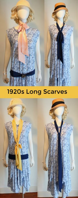 1920s scarf accessory: Long skinny scarves or a thicker fringe scarf ads interesting detail to a dress without permanent trim.