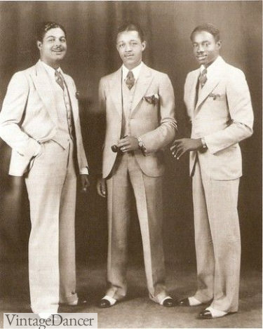1920s black mens fashion, Dapper men in wool summer suits, two tone shoes