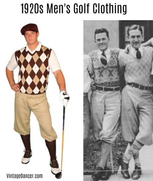 1920s men's golfing outfit : Argyle vest, knickers, tall socks, two tone shoes. Get this look at vintagedancer