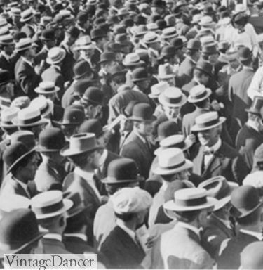 1920s mens hats - A sea of bowlers/derby, caps and straw boaters