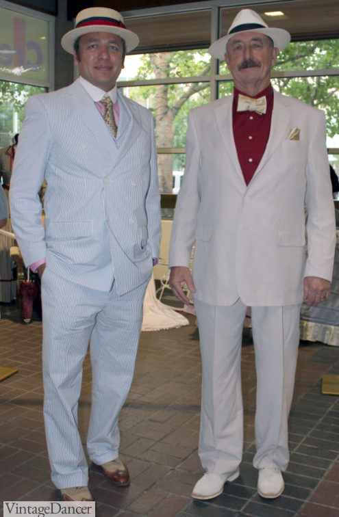 Seersucker suit on the left, ivory linen suit on the right. Both are perfect for hot summer events.