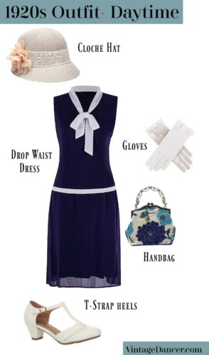 1920s daytime outfit- Drop waist dress, cloche hat, T-strap shoes, beaded handbag, and mesh gloves