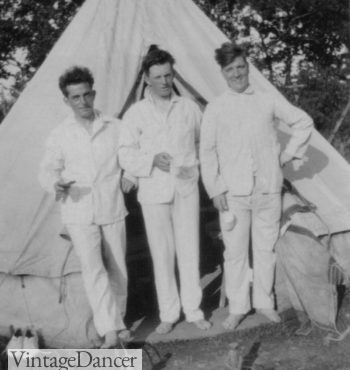 1920s Men's white pajamas while camping