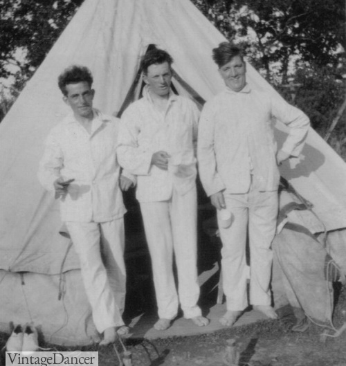 1920s Men's white pajamas while camping