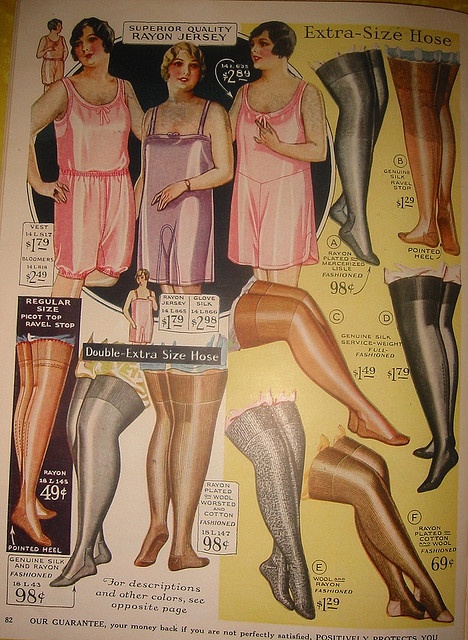This advertisement from the 1920s illustrates varies shades of stockings available at that time. Blacks, greys, shades of coffee and nude were all offered.