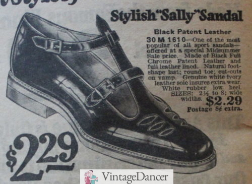1920s Sally Sandals with T strap, low heels, cutouts on toe