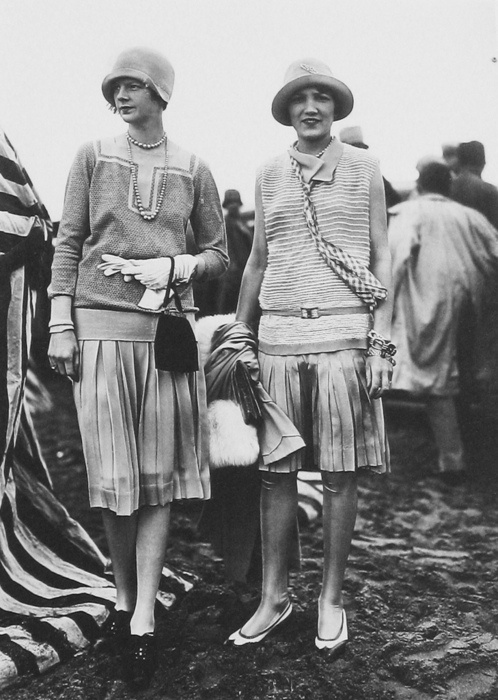 Late 1920s pleated skirts, knit tops and cloche hats