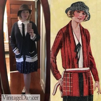 1920s casual outfit: My 1920s inspired casual sporty look: cardigan sweater over a loose blouse and pleated skirt with two tone oxford shoes.