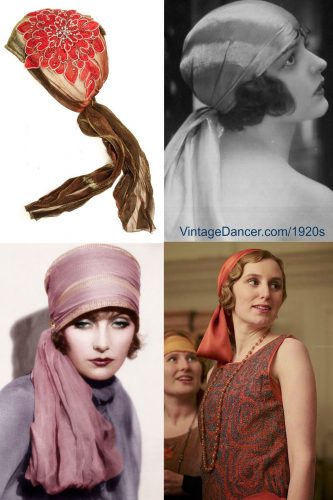 1920s head wraps with scarves. Upper right is a beautiful applique head scarf for by Bohomonde (and comes in more colors)