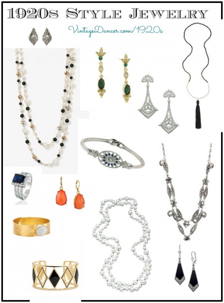 1920s Style jewelry- necklaces, bracelets, earrings, ring. VintageDancer.com/1920s