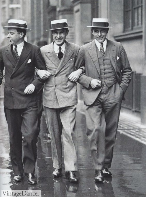 1920s mens fashion, 1920s Dapper men in suits and boater hats at VintageDancer