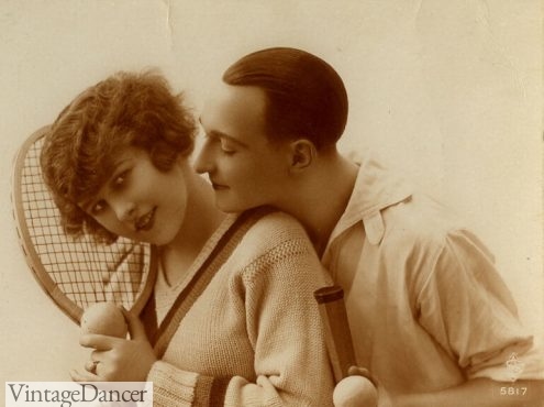 1920s mens sport shirt summer short sleeve tennis shirt and woman wearing a tennis sweater