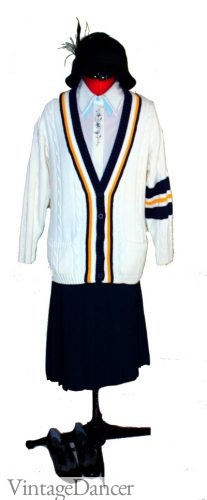 1920s Collegiate Look with cardigan sweater and pleated skirt