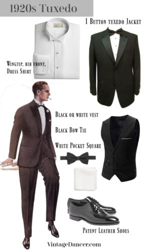 1920s tuxedo men black tie evening formalwear dinner jacket pin at VintageDancer