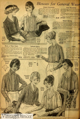 1920 fashion blouse for general wear. Some resemble mens dress shirt while others have a large collars.
