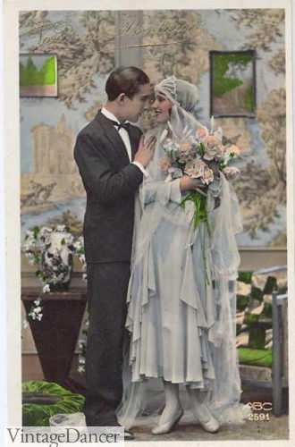 1920s wedding couple blue veil grey maybe