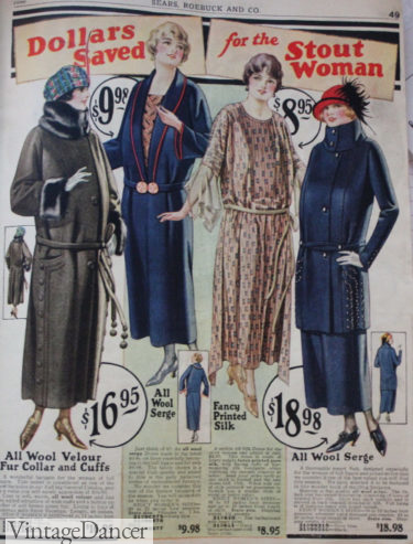 1920s winter fabrics (L) Wool velour coat with fur (M) wool serge dress (L) wool serge suit
