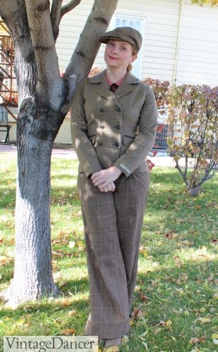 1920s fall style with tweed pants, jacket and cap- menswear inspired