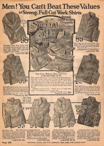 1922 Mens works shirts of blue solid, stripe or dot chambray. Khaki and army green too.