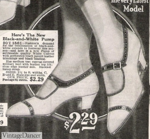 1922 white canvas with black patent trim shoes heels women summer at VintageDancer