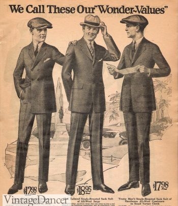 1922 Teen Boys in suits with newsboy cap and one in a Homburg in the center