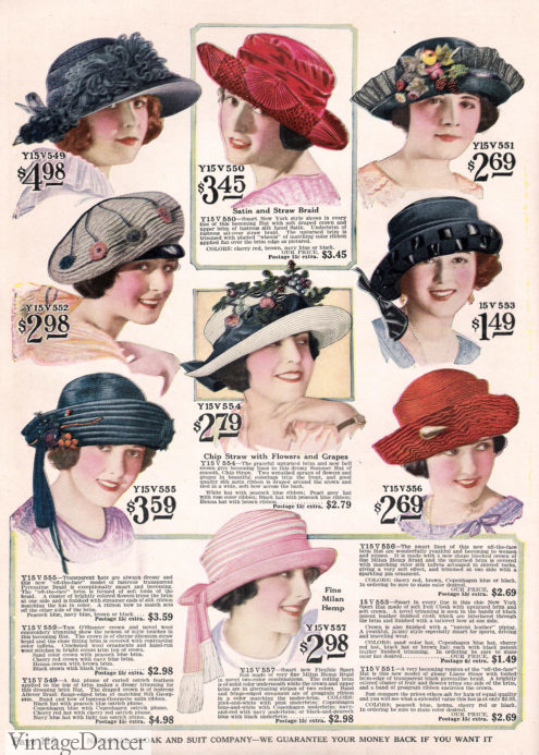 1920s women hats in color, spring bucket hats, roller hats At VintageDancer