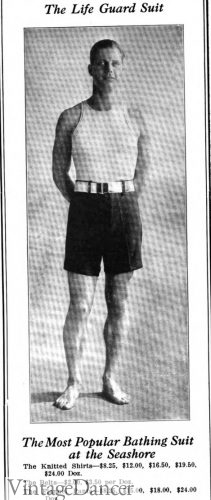 1922 men's lifeguard swimsuit of flannel shorts and white top