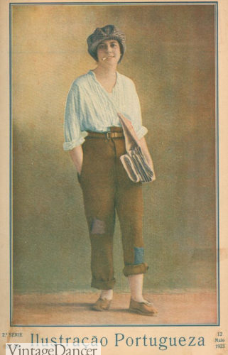 1923 French woman in pants men's shirt, cap