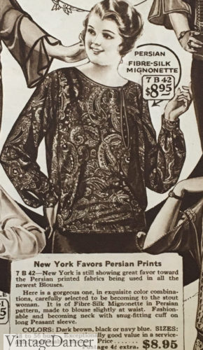1923 Lane Bryant women's blouse displaying a bold paisley print. See more art deco and roaring 20s blouse styles at VintageDancer.